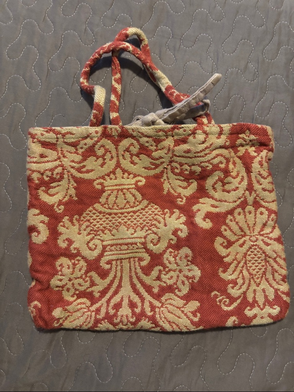 Woven Damask Tote Bag in Rust and Cream